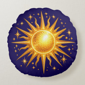 Galaxy Sun and Stars Faux Gold Navy Blue Round Cushion