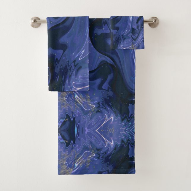 Galaxy Swirl Blue Glitter Abstract Cosmic Pattern  Bath Towel Set (Insitu)
