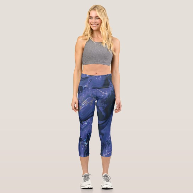 Galaxy Swirl Blue Glitter Abstract Cosmic Pattern  Capri Leggings (Front)