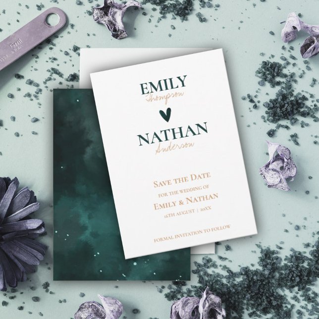 Galaxy Themed Beautiful White Green Heart  Wedding Save The Date (Creator Uploaded)