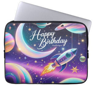 Galaxy-themed happy birthday crescent moon, stars laptop sleeve