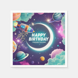 Galaxy-themed happy birthday crescent moon, stars napkin