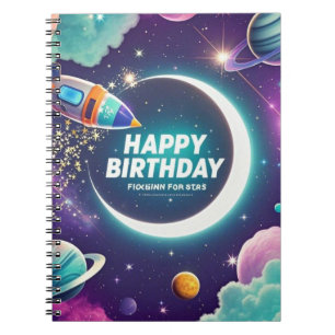 Galaxy-themed happy birthday crescent moon, stars notebook