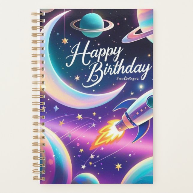 Galaxy-themed happy birthday crescent moon, stars planner (Front)