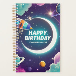 Galaxy-themed happy birthday crescent moon, stars planner