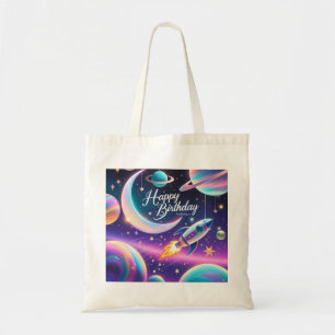 Galaxy-themed happy birthday crescent moon, stars tote bag