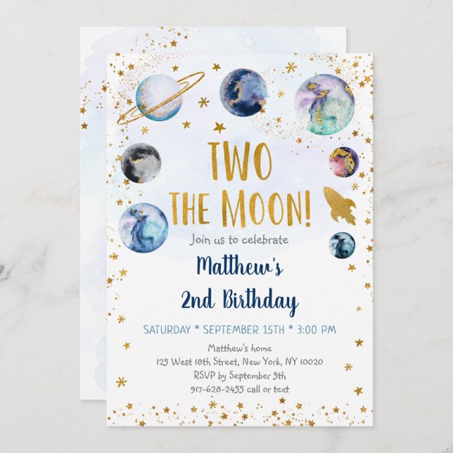 Galaxy Two The Moon Blue Gold Outer Space Birthday Invitation (Front/Back)