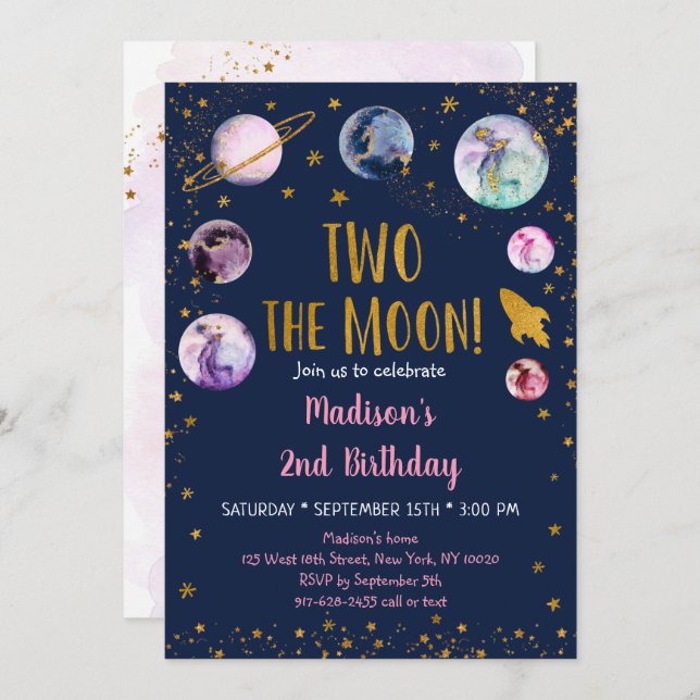Galaxy Two The Moon Pink Gold Outer Space Birthday Invitation (Front/Back)