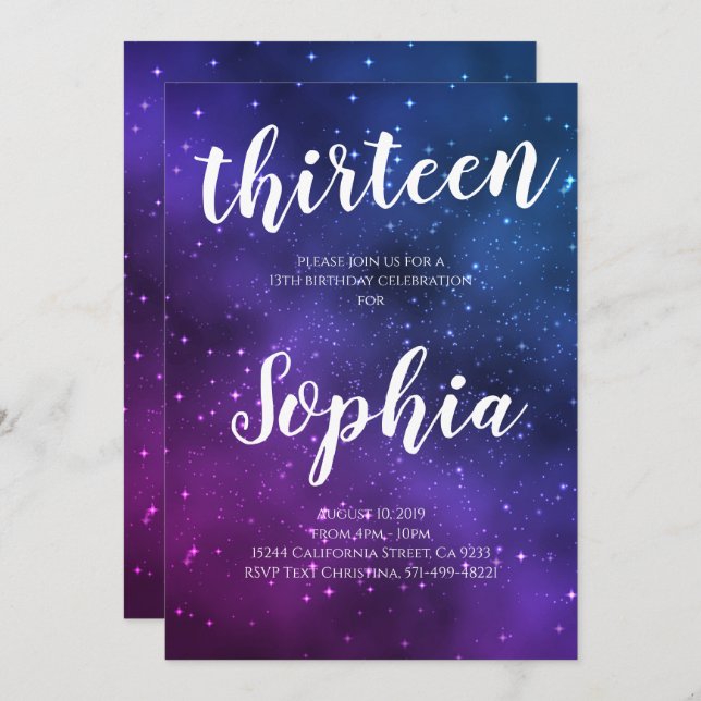 Galaxy Universe Purple Stars Girl Space Birthday Invitation (Front/Back)