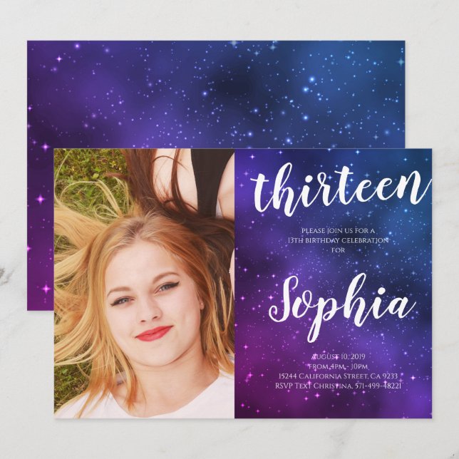 Galaxy Universe Stars Girl Photo Birthday Invitation (Front/Back)