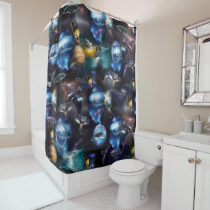 Galaxy visitors in space shower curtain