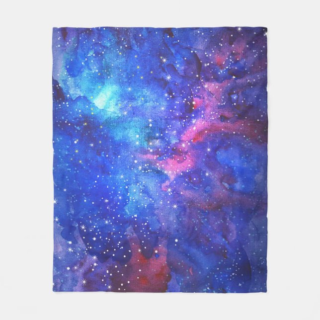 Galaxy Watercolor Night Sky. Fleece Blanket (Front)