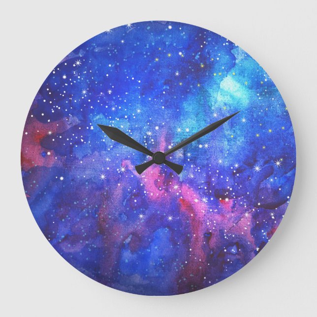 Galaxy Watercolor Night Sky. Large Clock (Front)