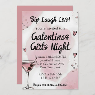 Galentine Girls Night Out Martini Pink and Black Invitation