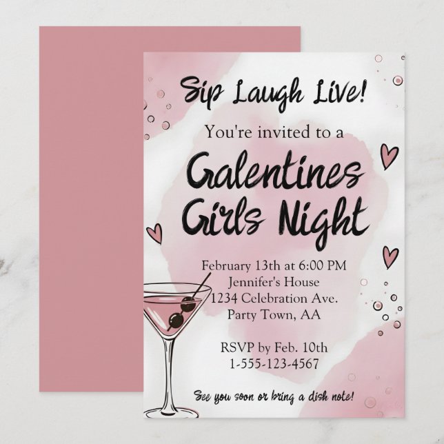 Galentine Girls Night Out Martini Pink and Black Invitation (Front/Back)