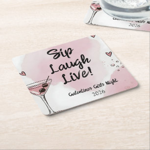 Galentine Girls Night Out Martini Pink and Black Square Paper Coaster