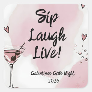 Galentine Girls Night Out Martini Pink and Black Square Sticker