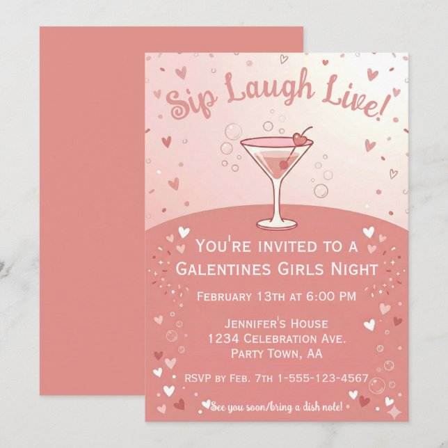 Galentine Girls Night Out Sip Laugh Live in Pink  Invitation (Front/Back)