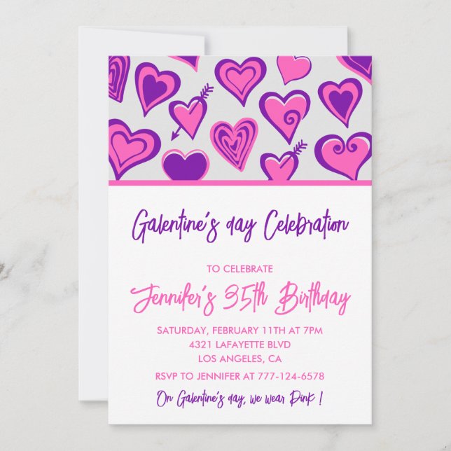 Galentine invitation girlfriends Purple Valentines (Front)