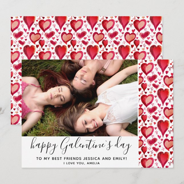 Galentine`s Day Red Heart Drawing Friend Photo Holiday Card (Front/Back)