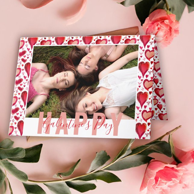 Galentine`s Day Red Hearts Drawing Friend Photo Holiday Card (Creator Uploaded)