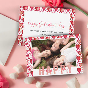 Galentine`s Day Red Hearts Drawing Friend Photo Holiday Card