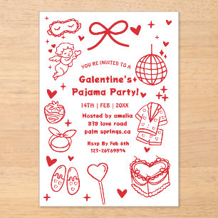 Galentine’s Pajama, Night Valentine Hand Drawn  Acrylic Invitations