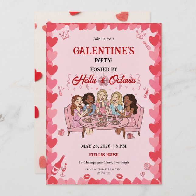 Galentine’s Party Invitation Printable, Pink & Red (Front/Back)