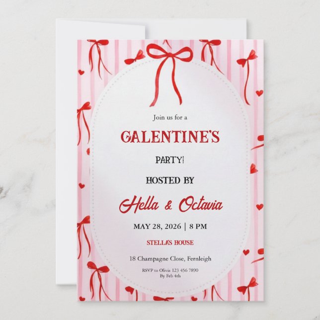 Galentine’s Party Invitation Printable, Pink & Red (Front)