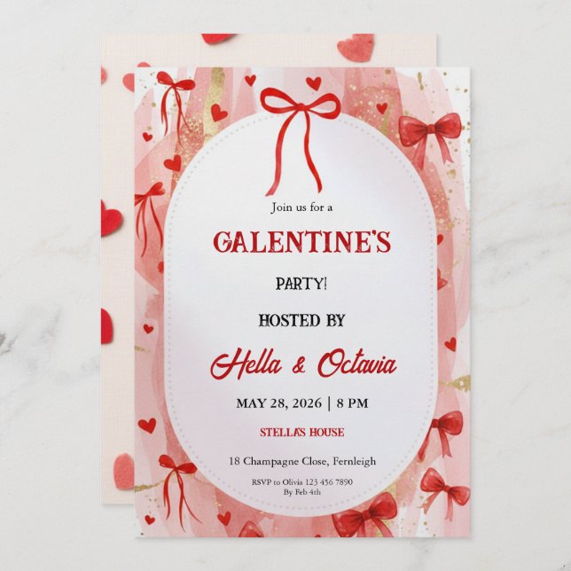 Galentine’s Party Invitation Printable, Pink & Red (Front/Back)