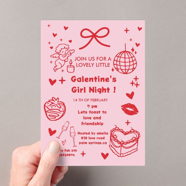 Galentine’s Party, Night Valentine Hand Drawn  Acrylic Invitations (Insitu (Handheld))