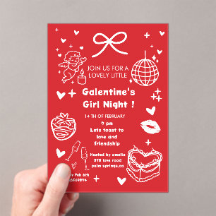 Galentine’s Party, Night Valentine Hand Drawn  Acrylic Invitations