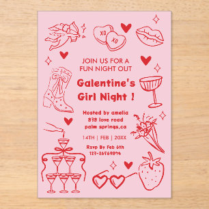 Galentine’s Party, Night Valentine Hand Drawn Acrylic Invitations
