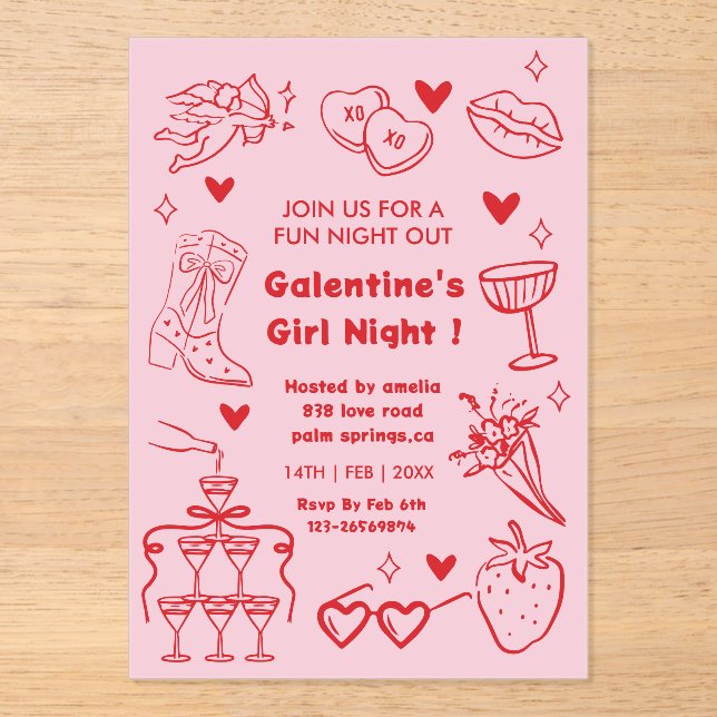 Galentine’s Party, Night Valentine Hand Drawn  Acrylic Invitations (Front)