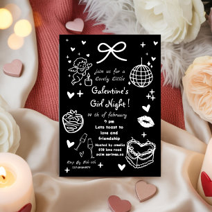 Galentine’s Party, Night Valentine Hand Drawn  Invitation