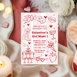 Galentine’s Party, Night Valentine Hand Drawn  Invitation