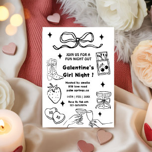 Galentine’s Party, Night Valentine Hand Drawn  Invitation