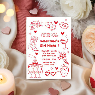 Galentine’s Party, Night Valentine Hand Drawn  Invitation