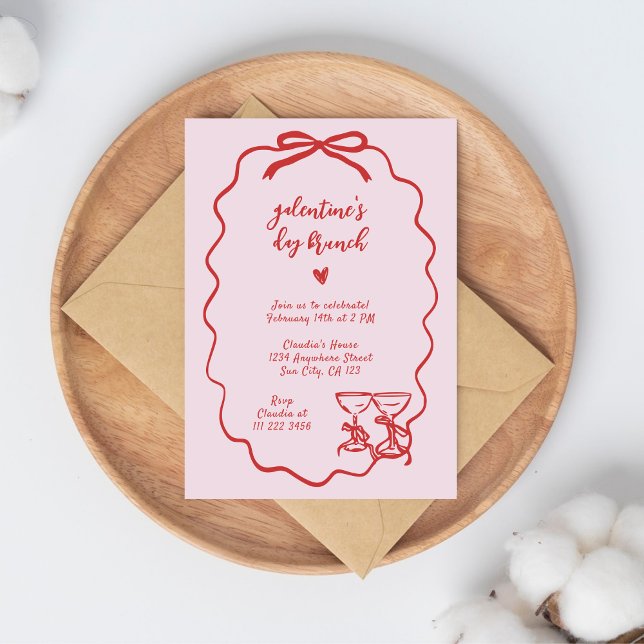 Galentines Brunch Pink Red Handwritten Invitation (Creator Uploaded)