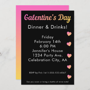 Galentines Day Dinner Drinks Pink Black Party Invitation