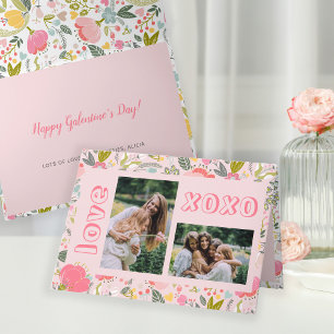 Galentine's Day floral 2 photo collage pink xoxo Holiday Card