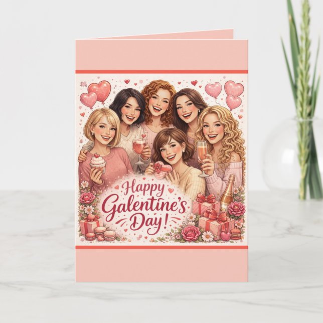 Galentine's Day Greeting Card, Six Girlfriends Card (Front)