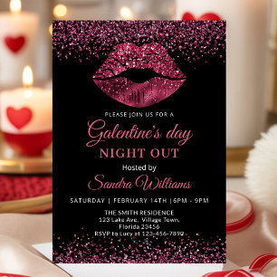Galentine's Day Night Out Burgundy Lipstick Invitation