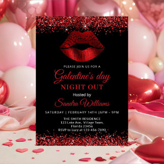 Galentine's Day Night Out Red Glitter Lips Invitation