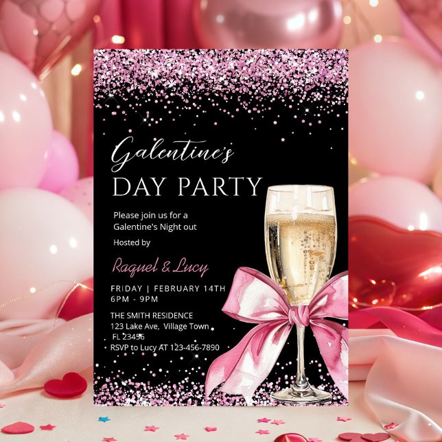 Galentine's Day Party Champagne Pink Coquette Invitation (Pink coquette bow champagne Galentine's Day Party invitation)