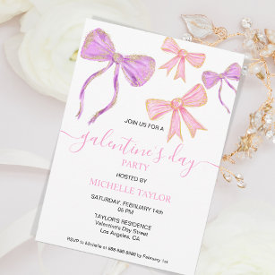 Galentines Day Party Glitter Gold Pink Bows Invitation