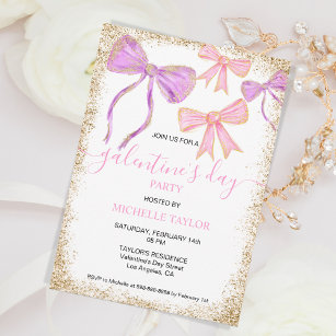 Galentines Day Party Glitter Gold Pink Bows Invitation
