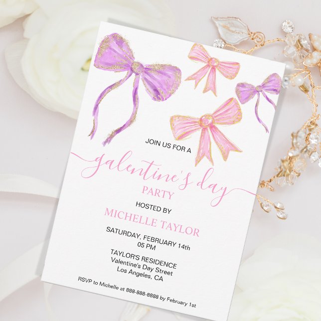 Galentines Day Party Glitter Gold Pink Bows Invitation (Creator Uploaded)