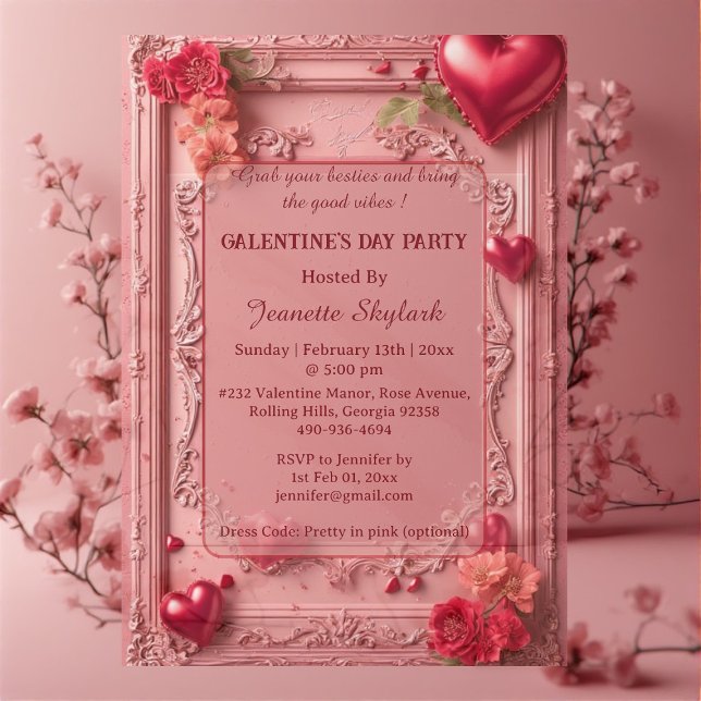 Galentines Day Party Heart Floral Pastel Pink Vine Acrylic Invitations (Galentines Day Party Heart Floral Pastel Pink Vine Acrylic Invitations)