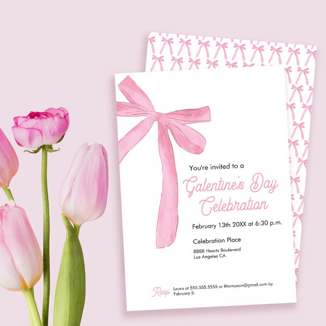 Galentine's day Pink Ribbon Bow Girly modern Invitation (Galentine's day pink bow ribbon invitation theme.)